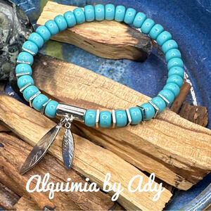 8mm matte finished Turquoise beaded bracelet/silver feather charms